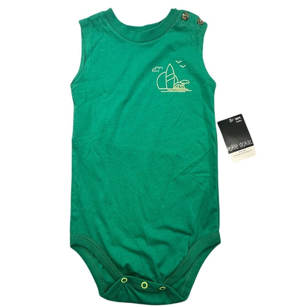 Okie Dokie Sleeveless Bodysuit 100% Cotton Green Surfboard 18M